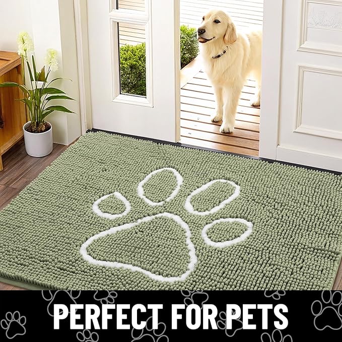 Smiry Dog Door Mat for Muddy Paws, Absorbent Dirt Trapper Non Slip Quick Dry Washable Chenille Mat for Mud Dogs, Entry Rug for Indoor and Outdoor (59x35 Inches, Sage Green and White)