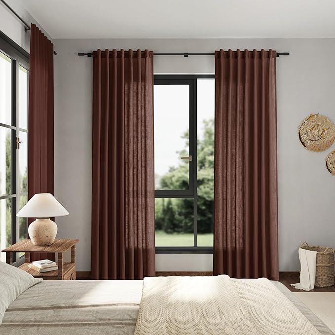 Nanspring Rustic Brown Linen Curtains Semi Sheer 96 Inches Long 2 Panels Set for Living Room Back Tab Rod Pocket Light Filtering Drape for Bedroom Modern Farmhouse Coastal Decor Protect Privacy 52x96