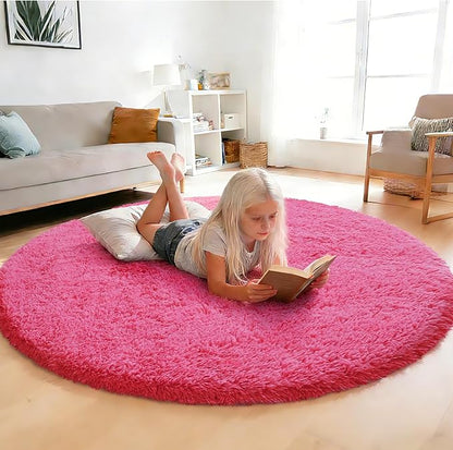 yulidayang Fluffy Round Area Rugs for Bedroom,Hot Pink 4'X4'Shag Circle Area Rugs for Living Room,Non Slip Fuzzy Plush Rug for Kids Room Boys Girls Room and Dorm