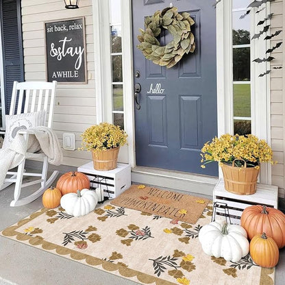 3x5 Floral Entry Rug - Small Washable Indoor Outdoor Mats for Front Door Non-Slip Porch Rug Beige Vintage Farmhouse Throw Rugs for Living Room Bedroom Entryway Kitchen Office Porch Decor
