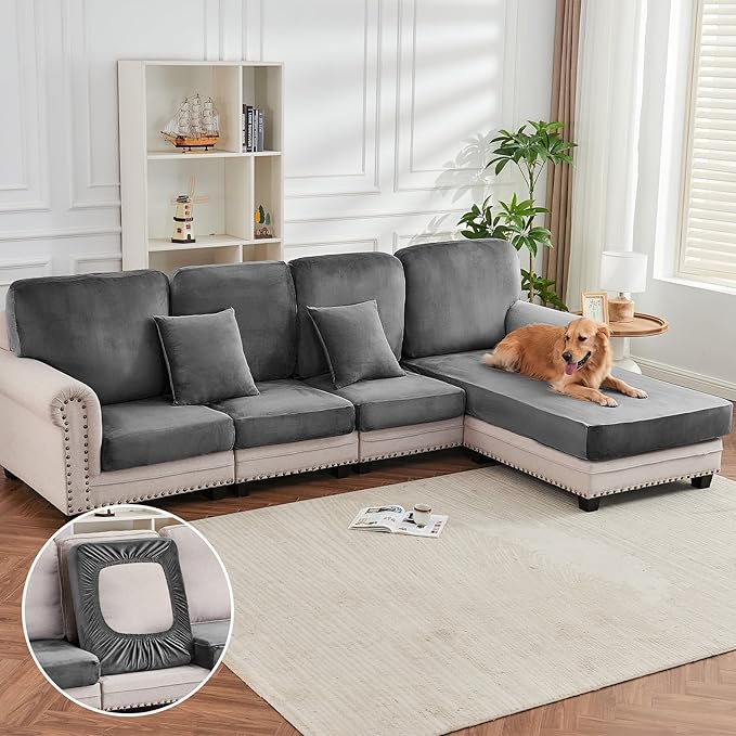 Couch Cover Velvet Chaise Cushion Cover for Sectional Sofas - Elastic L-Shaped Sofa Seat Covers Washable, Slipcover Protector (1-Piece, Grey)