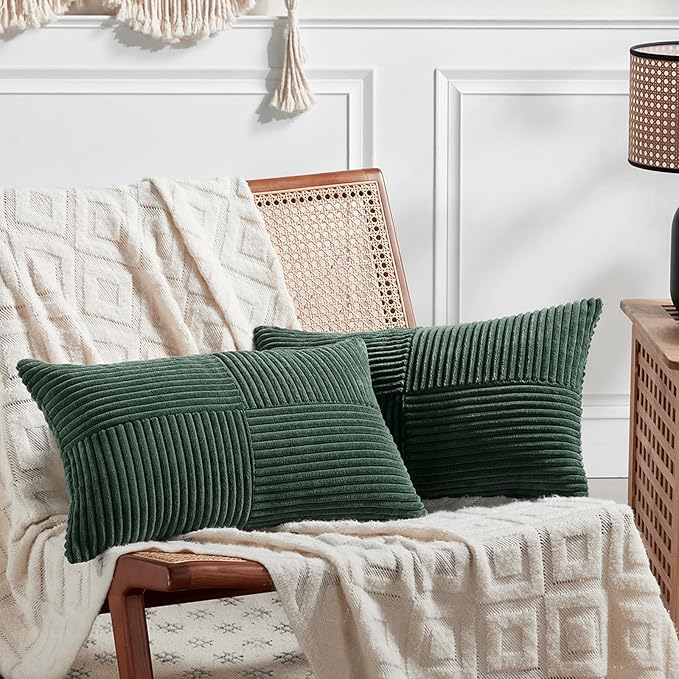 Fancy Homi Set of 2 Dark Green Lumbar Decorative Throw Pillow Covers 20x28 Inch for Living Room Couch Bed, Boho Farmhouse Forest Green Home Decor, Soft Corduroy Corss Patchwork Cushion Case