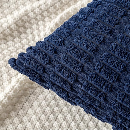 MIULEE Pack of 2 Corduroy Decorative Throw Pillow Covers 18x18 Inch Soft Boho Striped Pillow Covers Modern Farmhouse Home Decor for Summer Coastal Sofa Living Room Couch Bed Dark Blue