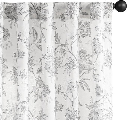 jinchan Linen Floral Curtains for Living Room, 84 Inch Length Curtains with Printed Flower Light Filtering Curtain, Rod Pocket Back Tab Gray Window Curtain Set, 2 Panels Light Grey on White