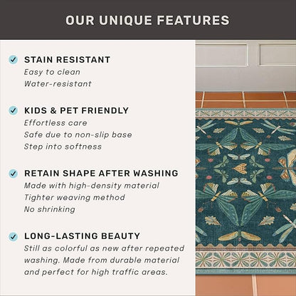 Hazo Haus Brown and Green Kitchen Sink Runner Rug 2x5 - Teal Boho Bathroom Rugs for Entrance Indoor, Insect Print Floral Vintage Unique, Washable Non Skid Stain Resistant