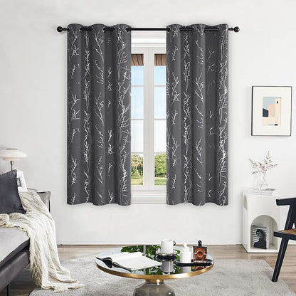 Deconovo Blackout Curtains Grey, Thermal Insulated Soundproof Drapes, Silver Branch Foil Print, 42 x 54 Inch, 2 Panels, Machine‑Washable Privacy Window Panel for Living Room Bedroom Small Windows