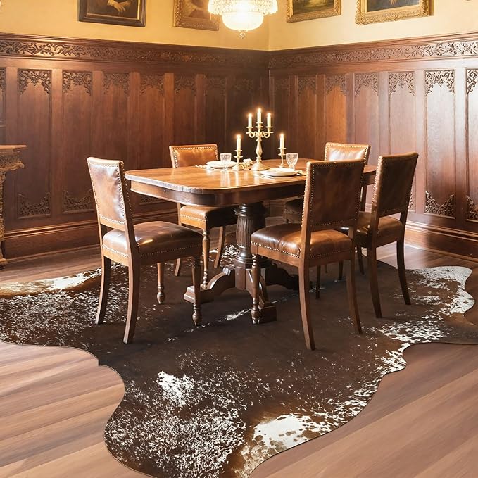 AROGAN Western Decor Faux Fur Cowhide Rug, 6.2x7 Feet Premium Animal Skin Cow Hide Rug, Durable Cow Print Rugs for Wall Decor, Western Floor Carpet for Bedroom Living Room, Spotted Brown