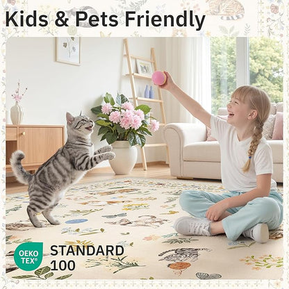 Cat 5x7 Area Rugs for Living Room, Machine Washable Animal Floral Vintage Rug Non-Slip Low Pile Soft Throw Rugs for Kitchen Dining Room Bedroom Nursery Playroom (5 x 7,Beige)