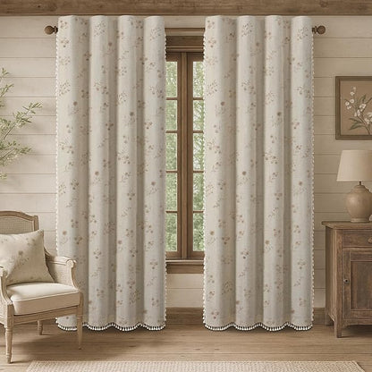 Boho Floral Spring 100% Blackout Curtains 84 Inch Length 2 Panels Set, Linen Texture Farmhouse Curtains with Beige Tassel for Living Room Bedroom, Vintage Rustic Rod Pocket,Beige