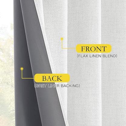 NICETOWN 100% Absolutely Blackout Linen Curtains with Thermal Insulated Grey Liner, Greyish White, 52 inches Wide, 84 inches Length Energy Saving Curtains for Living Room 2 Panels Set, Vertical Blinds