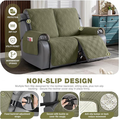 TAOCOCO 100% Waterproof Loveseat Recliner Covers 2 Seater, Split Loveseat Covers for Reclining loveseat, Non Slip Reclining Couch Cover with Double Straps for Kids, Pets(2 Seater, Green)