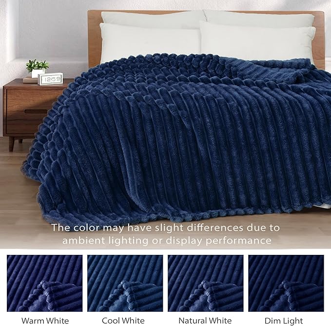 Exclusivo Mezcla Queen Size Flannel Fleece Blanket, Super Soft Striped Jacquard Bed Blanket, Lightweight Fuzzy Cozy for All Seasons, 90x90 Inches, Navy Blue