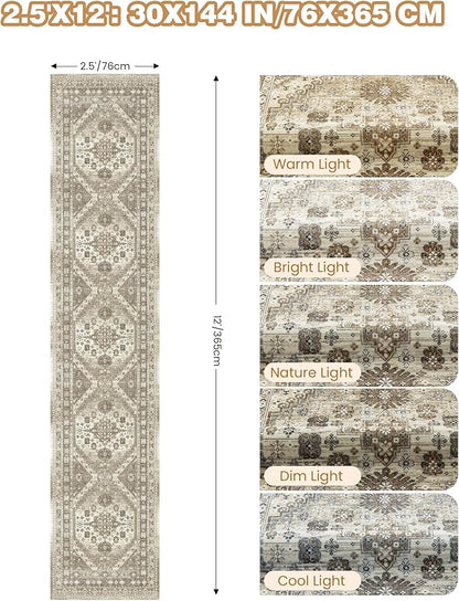 Carpet Runners for Hallway 12ft, Non-Slip Long Bathroom Rugs Runner for Kitchen, Living Room, Bedroom, Soft Vintage Washable Rug for Entryway, Thin Floor Mat for Dining Room(Brown,2.5'x12')