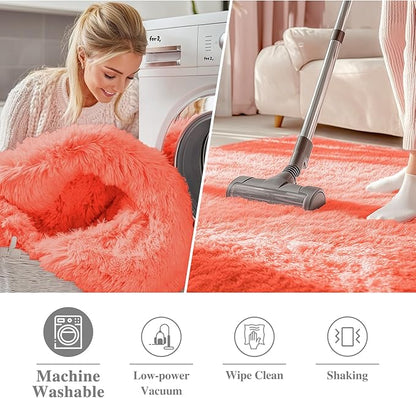 OLANLY Coral Red Round Rugs for Bedroom - Machine Washable, 9 ft Circle Area Rugs for Living Room, Soft and Fluffy Shaggy Carpet for Teen Girl and Boys, Nursery Rooms, Dorms, Home Decor Aesthetic