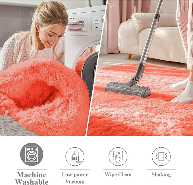 OLANLY Coral Red Round Rugs for Bedroom - Machine Washable, 4 ft Circle Area Rugs for Living Room, Soft and Fluffy Shaggy Carpet for Teen Girl and Boys, Nursery Rooms, Dorms, Home Decor Aesthetic