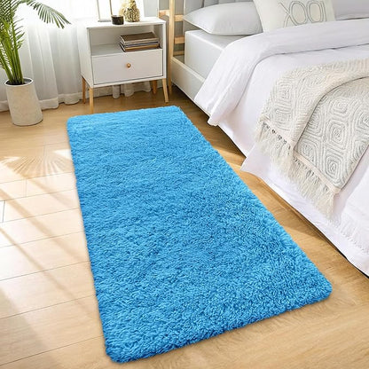 OLANLY 2x6 Machine Washable Runner Rugs for Hallway, Soft Fluffy Shaggy Bedside Rugs for Bedroom, Living Room, Indoor Floor Carpet for Kids Girls and Boys, Home Decor Aesthetic, Bright Blue