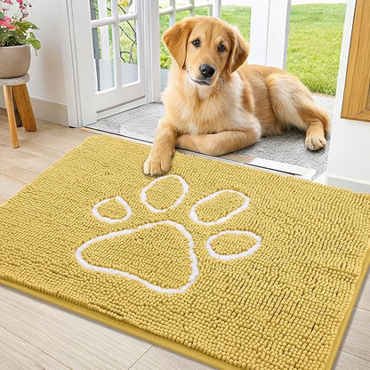 Smiry Dog Door Mat for Muddy Paws, Absorbent Dirt Trapper Non Slip Quick Dry Washable Chenille Mat for Mud Dogs, Entry Rug for Indoor and Outdoor (36x24 Inches, Yellow and White)
