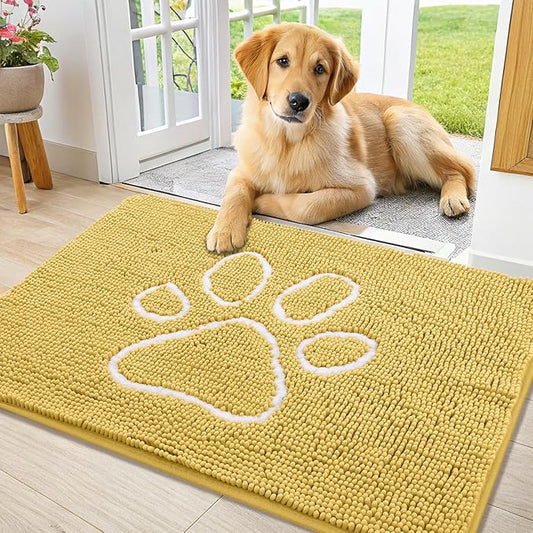 Smiry Dog Door Mat for Muddy Paws, Absorbent Dirt Trapper Non Slip Quick Dry Washable Chenille Mat for Mud Dogs, Entry Rug for Indoor and Outdoor (36x24 Inches, Yellow and White)
