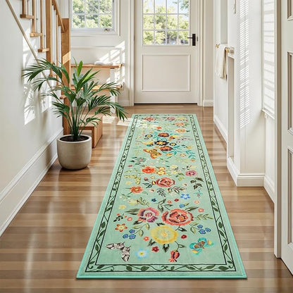 Rugflix 2x6 Runner Rug for Hallway, Washable Kitchen Runner Non Slip, Soft Low Pile Entryway Carpet, Vintage Floral Stain Resistant Long Laundry Room Rugs for Bedroom, Stairs, Green