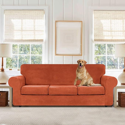 WEERRW 4 Pieces Velvet High Stretch Couch Covers for 3 Cushion Couch Sofa Slipcovers, Washable Furniture Protector with Non Slip Elastic Bottom, Feature Soft and Thick Plush Fabric, Pumpkin, Large