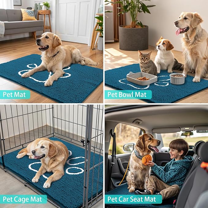 Smiry Dog Door Mat for Muddy Paws, Absorbent Dirt Trapper Non Slip Quick Dry Washable Chenille Mat for Mud Dogs, Entry Rug for Indoor and Outdoor (59x35 Inches, Atlantic Blue and White)