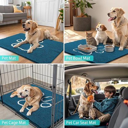 Smiry Dog Door Mat for Muddy Paws, Absorbent Dirt Trapper Non Slip Quick Dry Washable Chenille Mat for Mud Dogs, Entry Rug for Indoor and Outdoor (30x20 Inches, Atlantic Blue and White)