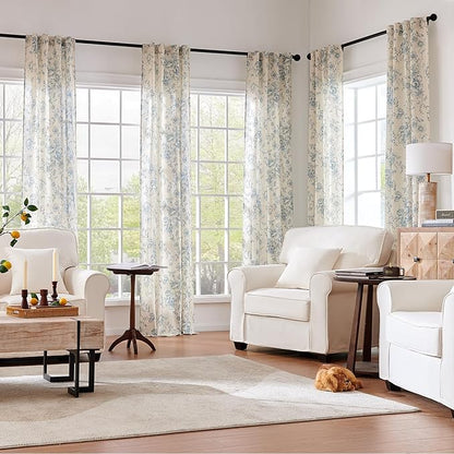 jinchan Linen Floral Curtains 96 Inch Length for Living Room Bedroom Light Filtering Farmhouse Peony Flower Drapes Rustic Window Curtain Set Rod Pocket Back Tab 2 Panels Blue