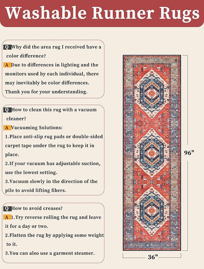 SERISSA Runner Rug for Hallways, 3x8 Washable Non Slip Kitchen Runner Rug, Long Boho Rug Vintage Rust Hallway Stair Ultra Soft Print Floor Carpet for Bedroom Bathroom Laundry Room