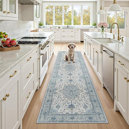 RELEANY Area Rugs 2'x8' Runner Rug Non Slip Washable for Kitchen Hallway Bedroom Beside Laundry Room Bathroom Rug, Floor Carpet, Light Blue Navy Beige Gray White