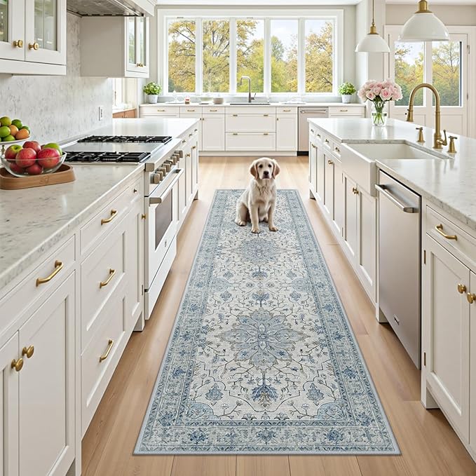 RELEANY Area Rugs 2'x7' Runner Rug Non Slip Washable for Kitchen Hallway Bedroom Beside Laundry Room Bathroom Rug, Floor Carpet, Light Blue Navy Beige Gray White