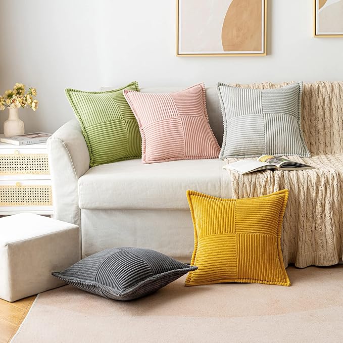 MIULEE Spring Decorative Lumbar Throw Pillow Covers for Couch Bed Livingroom 12x20 Inch Set of 2 Green Boho Accent Throw Pllows Broadside Striped Patchwork Soft Corduroy Summer Pillowcases