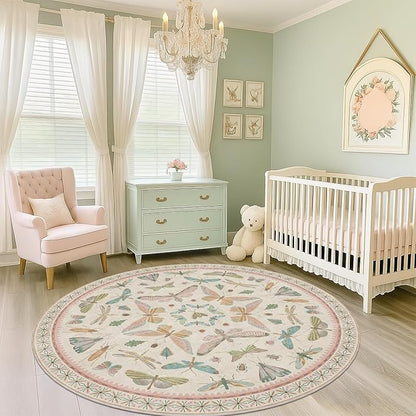 Pink Cute Butterfly 6ft Round Soft Rugs for Girls Bedroom Beside Bed - Non Skid Rug Low Pile Washable Living Room Rugs, Fun Insect Carpet for Playroom, Reading Corner, Low Pile & Soft