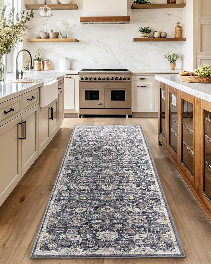 AMADA HOMEFURNISHING 2'6"x8' Washable Area Rug, Low-Profile Entryway Rug with Non-Slip Backing & Durable Edge Binding, Vintage Rug Pattern, Small Rugs for Entryway, Kitchen & Living Room