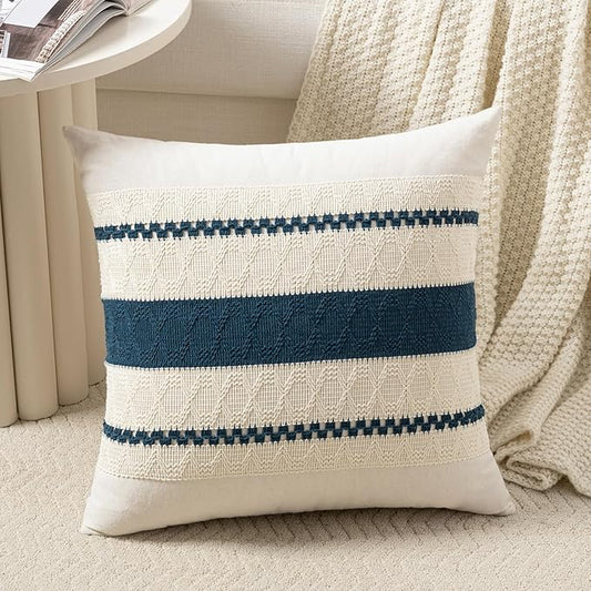 Fancy Homi Set of 1 Boho Teal Decorative Throw Pillow Cover 18x18 Inch for Couch Bed Sofa, Aesthetic Modern Organic Farmhouse Home Decor, Soft Cotton Cute Accent Macrame Woven Cushion Case