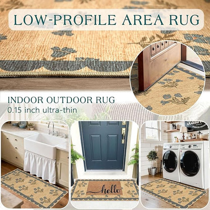 Front Door Mat Indoor Entrance - 2x4.3 Ft Blue Floral Washable Layered Doormat Outdoor Entrance Porch Rug Non-Slip Neutral Country Jute-Look Runner Rug for Kitchen Laundry Room Porch Decor