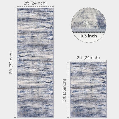 KOZYFLY Modern Abstract Area Rugs 2PCS 2x3 and 2x6 Blue-Grey Machine Washable Runner Rug Non-Slip Living Room Rug, Faux Wool Soft Low Pile Office Carpet for Hallway Entryway Bathroom Bedroom