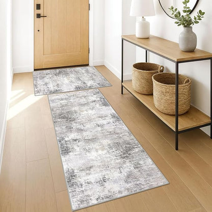 IOHOUZE Abstract Area Rugs and Runners Sets 2x3 and 2x5 Ft, Washable Entryway Rug and Runner Set, Non Slip Kitchen Rug Set, Printed Faux Wool Modern Floor Carpet for Hall Kitchen Entrance, Grey Beige