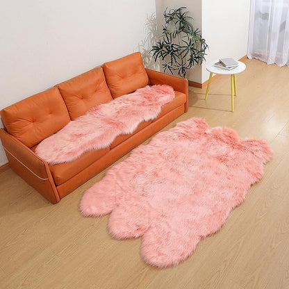 linmopm Faux Fur Rug Sheepskin Shag Fluffy Fuzzy Pink 4x6 ft Rugs for Bedroom Bedside Bed Floor Living Room Plush High-Density Cushion Carpet Super Sofa Cover