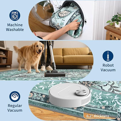 GarveeHome Teal Washable 5x7 Area Rugs, Botanical Grove Vintage Cottage core Non-Slip Rug for Bedroom Living Room Nursery Kitchen Low-Pile Retro Carpet