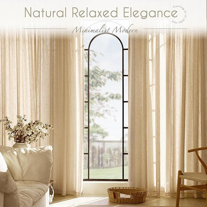 Tan Linen Curtains 102 inches Long for Living Room Back Tab Rustic Farmhouse Semi Sheer Light Filtering Window Curtain Dining Room Soft Thick Flax Linen Textured Drapes Kahki 52x102