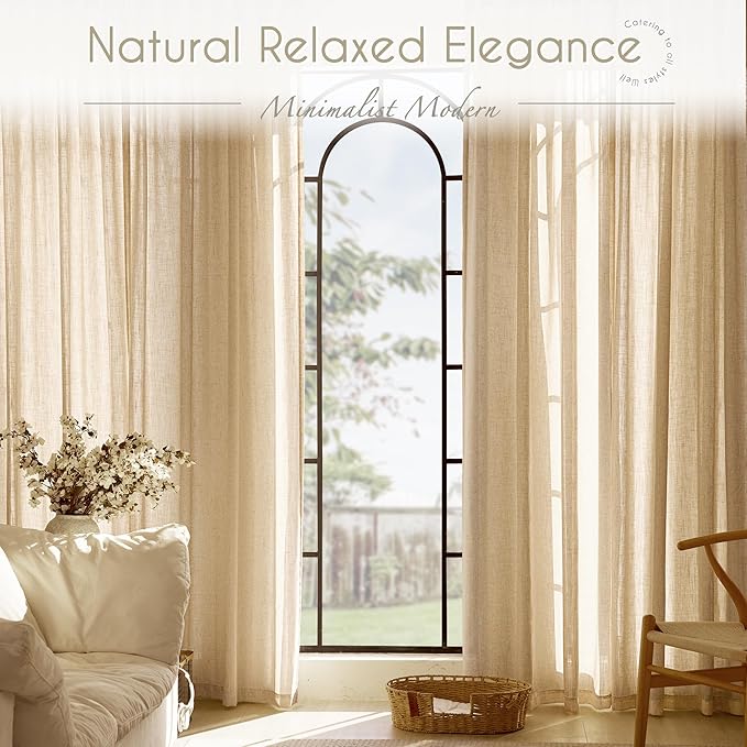 Tan Linen Curtains 84 inches Long for Living Room Back Tab Rustic Farmhouse Semi Sheer Light Filtering Window Curtain Dining Room Soft Thick Flax Linen Textured Drapes Kahki 52x84