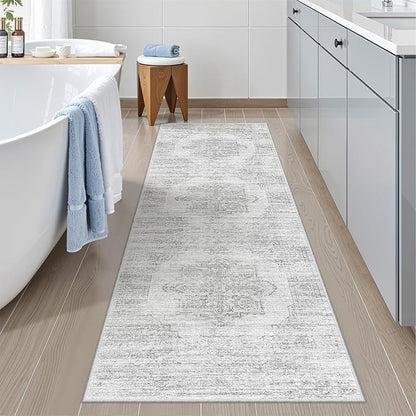 2x6 Runner Rug Non Slip for Entryway, Washable Runners for Kitchen, Soft Thin Hallway Rug for Bedroom, Laundry, Small Stain Resistant Indoor Door Mat(2'x6', Light Grey/White)