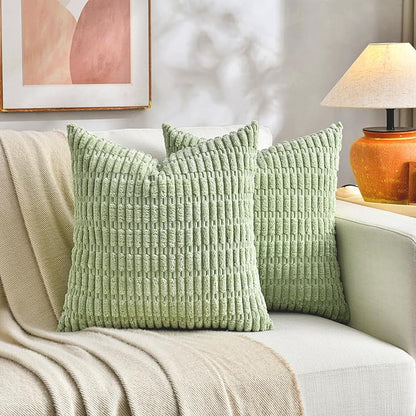 Fancy Homi Set of 4 Spring Boho Decorative Throw Pillow Covers 26x26 Inch for Couch Bed Sofa, Sage Green Yellow Room Decor, Soft Fuzzy Fluffy Cozy Corduroy Textured Cushion Case 66x66cm