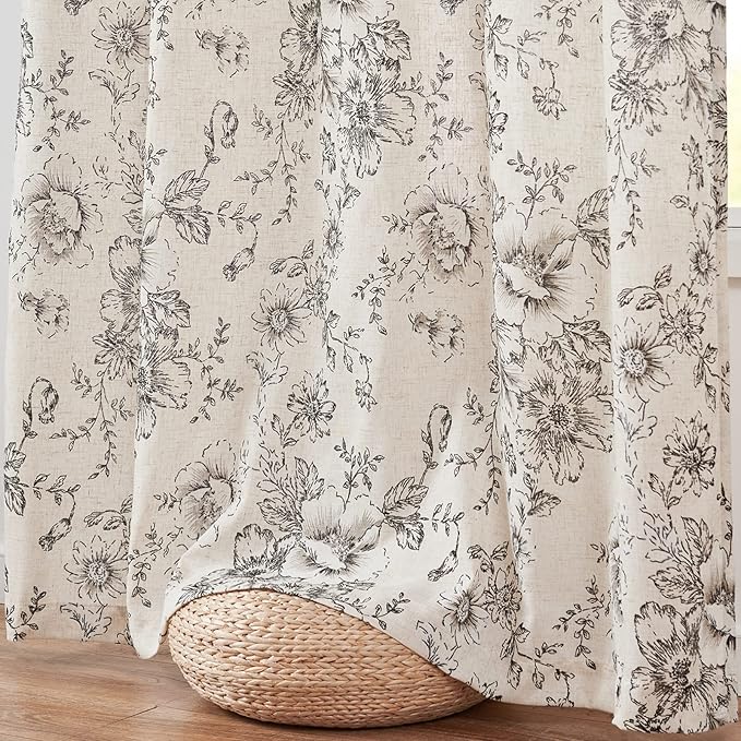 jinchan Linen Floral Curtains Extra Wide for Patio Sliding Glass Door Room Divider Curtain for Living Room 96 Inch Length Farmhouse Peony Black Printed Curtain Set 1 Panel
