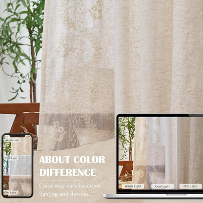 jinchan Belrose Linen Curtains for Bedroom Floral Curtains 63 Inch Length Linen Blend Ivory Embroidered Drapes Farmhouse Flower Patterned Drapes for Living Room Window Treatments Set 2 Panels