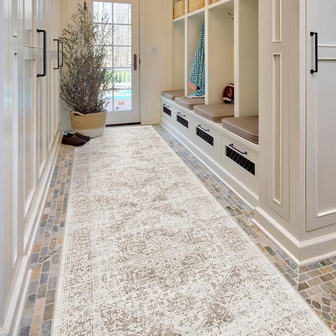 Hallway 3x10 Runner Rug - Vintage Non-Slip Long Rug for Entryway Low-Pile Washable Medallion Runner Rugs for Hallway Waterproof Traditional Runner Rug Indoor Thin Rug for Kitchen (Ivory/Beige)
