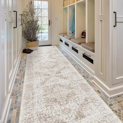 Hallway 3x10 Runner Rug - Vintage Non-Slip Long Rug for Entryway Low-Pile Washable Medallion Runner Rugs for Hallway Waterproof Traditional Runner Rug Indoor Thin Rug for Kitchen (Ivory/Beige)