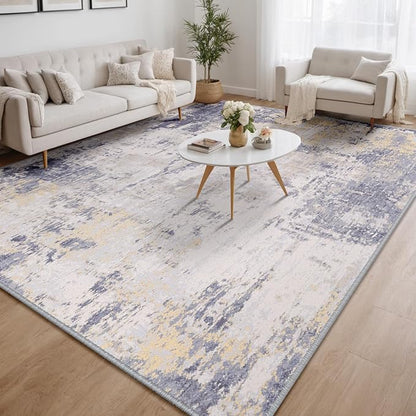 Washable Area Rugs 8'x10' Non-Slip Modern Abstract Soft for Living Room Entryway Bedroom Nursery, Print Pattern, Purple Grey Cream Yellow