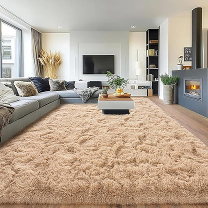 Pionblank 8x10 Rug for Living Room, Fuzzy Plush Large Area Rug, Fluffy Modern Shag Non Slip Soft Furry Carpet for Bedroom Kids Room Nursery Teens Dorm Home Decor, Camel