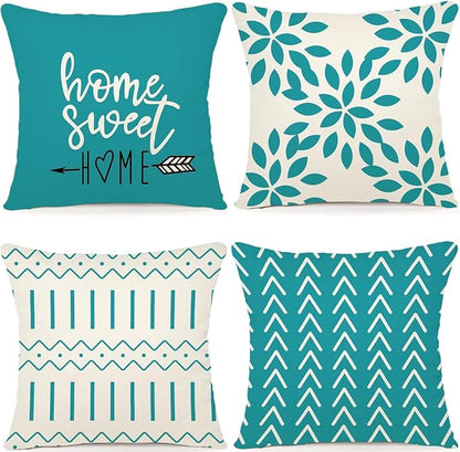 YCOLL Pillow Covers 20x20 Set of 4, Modern Sofa Throw Pillow Cover, Decorative Outdoor Linen Fabric Pillow Case for Couch Bed Car, Aqua Blue